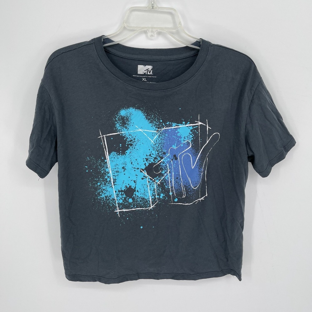 MTV‎ Women's Gray Paint Splatter Graphic Crop Top T-Shirt Size XL